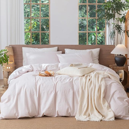 MooMee Striped Duvet Cover Set 100% Washed Cotton Linen Like Textured Breathable Durable Soft Comfy (Heathered Greyish Pink Pinstripes, Oversized Full 82"x86")