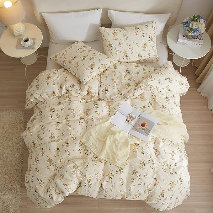 LifeTB Yellow Floral Duvet Cover 3 Piece Cotton Floral Cottagecore Bedding Sets Chic Flower Vintage Style Comforter Cover 1 Duvet Cover with 2 Pillow Shams, Full(80''x90'')
