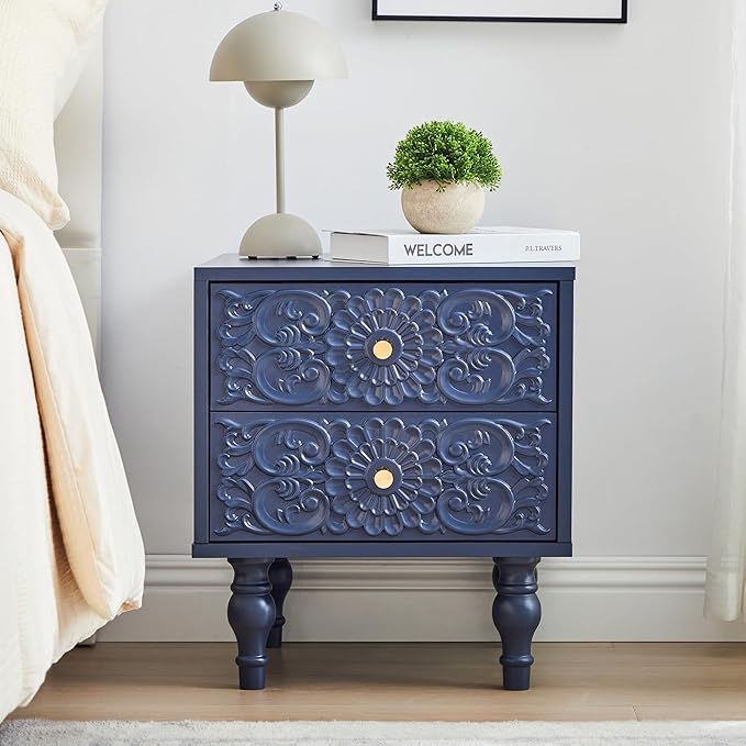 Nightstand, Farmhouse Bedside Table with 2 Drawers and Metal Handles, Wood Sofa Side Table End Table Accent Dresser for Bedroom, Living Room (Blue) (15.75 x 16.02 x 18.15 Inch)