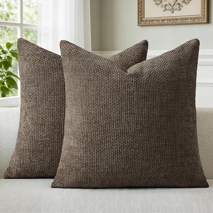 a moment Dark Brown Chenille Throw Pillow Covers 16x16 Inch Pack of 2 Modern Decorative Throw Pillow Covers Farmhouse Cross Covers Home Decor for Sofa Bedroom Living Room