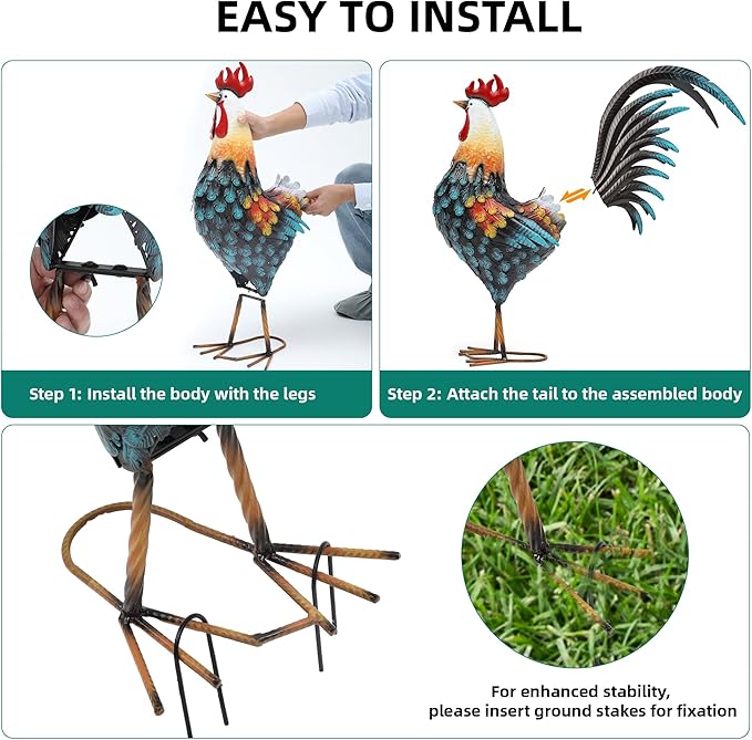 32in Metal Rooster Decor, Outdoor Garden Statues, Metal Chicken Sculpture for Backyard Patio Garden Kitchen Décor