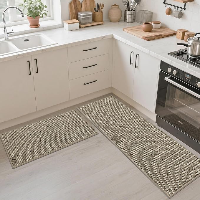JSEI Kitchen Rugs, 17''x30'' Non-Slip Kitchen Mats for Floor, Machine Washable Absorbent and Stain Resistant Kitchen Runner, Carpet Mats with TPR Backing for Kitchen, Beige
