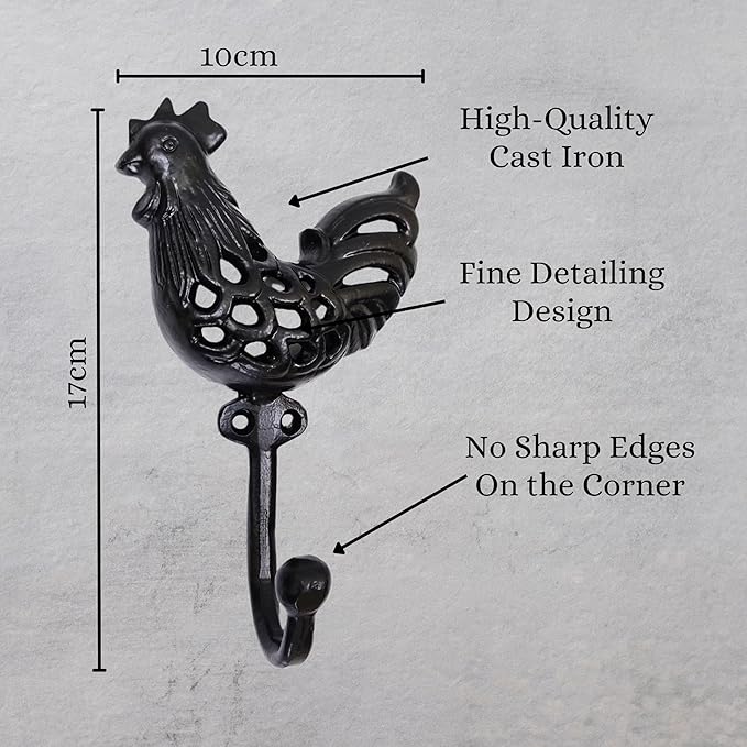 Set of 3 Cast Iron Rooster Shape Coat Hooks Wall Art Decor-Rooster Shape Hangers and Key Holder-Clothes Rack and Backpack Hanger-Coat Hooks Home Decor for Storage, Living Room, Hallway, Office
