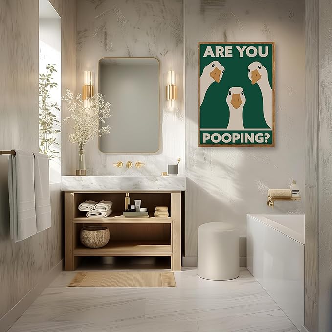 RVETNGVM Funny Three Geese Wall Art Are You Pooping Vintage Bathroom Decor Poster Animals Goosey Humorous Bathroom Aesthetic Prints Painting For Fun Restroom Wall Decor Framed 16"x24"