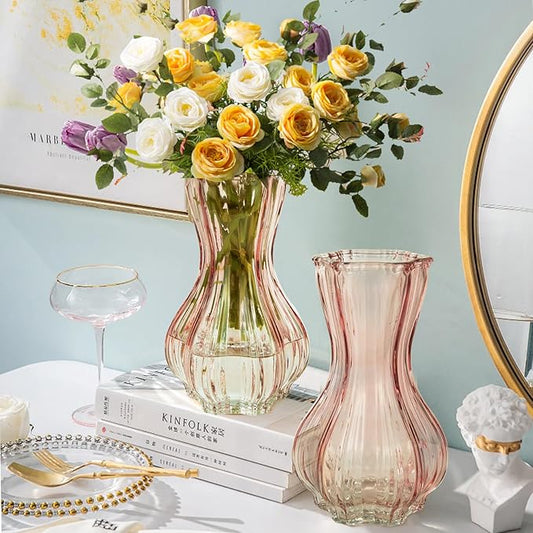 Flower Vase,Glass Vases Set of 2,Blush Clear Pink Vase 8 inch,for Home Decor,Valentains Day Decorations Indoor,Gifts,Wedding,Anniversary,Centerpieces