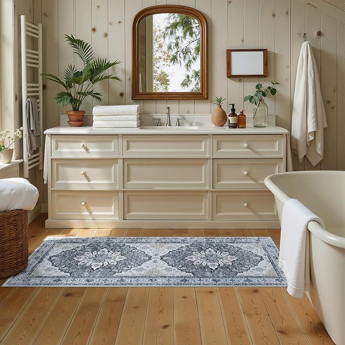 RELEANY Area Rugs 2'x5' Washable Non-Slip, Floral Vintage Distress Print Pattern Medallion Carpet for Living Room Bedroom Dining Room, Light Gray Grey White
