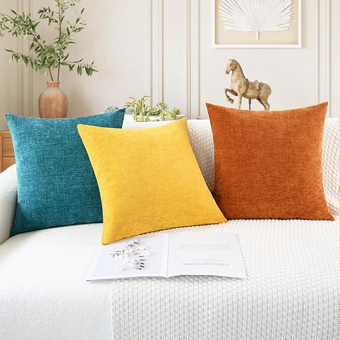 CaliTime Throw Pillow Covers Decorative 24 X 24 Inches Pack of 2 Cozy Chenille Cushion Cases for Couch Sofa Bed Living Room Home Mustard Yellow