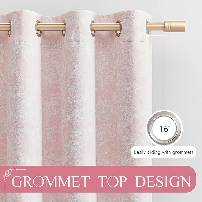 Beauoop Pink Floral Jacquard Blackout Curtains 63 Inches Long 2 Panels for Bedroom Living Room Chenille Flower Room Darkening Thermal Insulated Soundproof Grommet Window Treatments Drapes, 52x63
