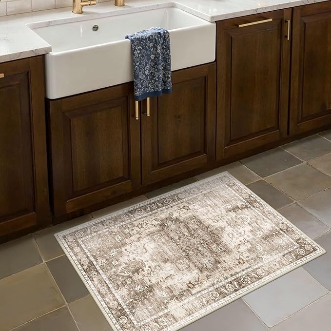 BESBLEE Area Rug 2x3 Doormat, Machine Washable Low Pile Vintage Rugs, Small Lightweight Rug Entryway Indoor Mat for Entrance, Hallway, Kitchen and Corridor, Latte Beige