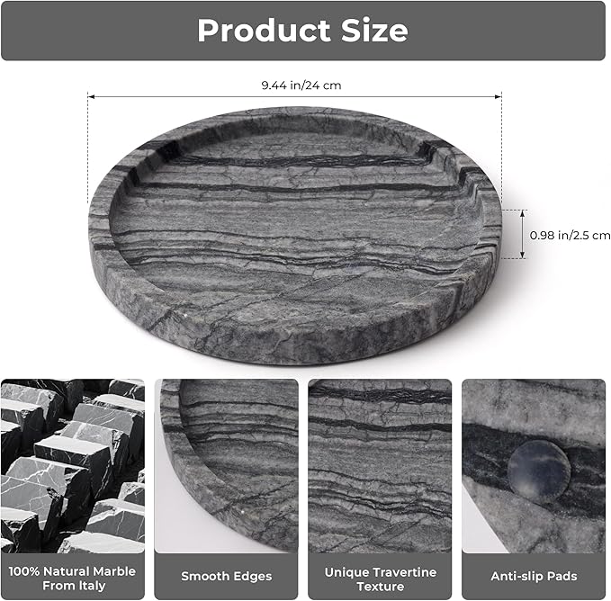 WORHE Natural Marble Vanity Tray for Bathroom Bedroom Kitchen Dresser, Round Decorative Trays for Jewelry, Perfume, Cosmetic, Candle, Countertop Storage Organizer for Home Decor Gray Black (WH017)