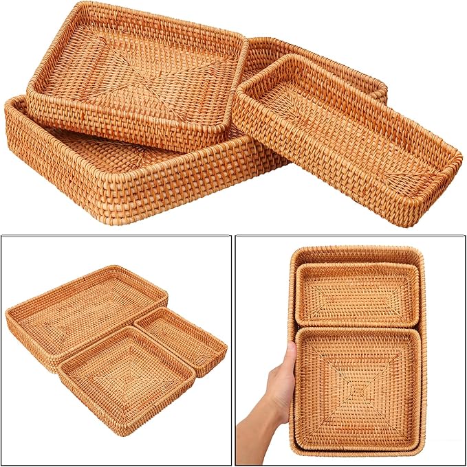 Set of 3 Handwoven Rattan Serving Tray - 3 Size Rectangular Rattan Woven Trays for Organizing & Serving, Home & Kitchen Decor