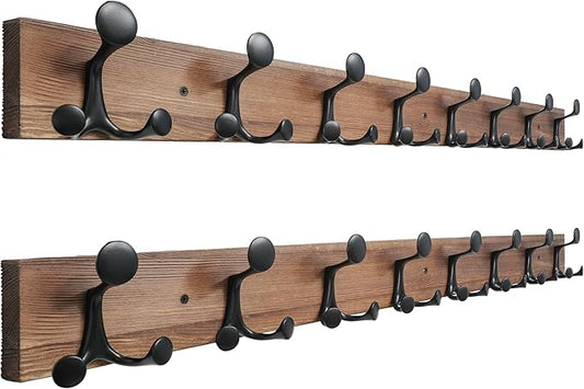 SKOLOO 43-Inch Wood Coat Rack Wall Mount with 8 Triple Hooks - Ideal for Family Entrances, Classrooms, and Pet Supplies Storage - Perfect Coat Hooks for Wall,Charred Golden Brown, Pack of 2