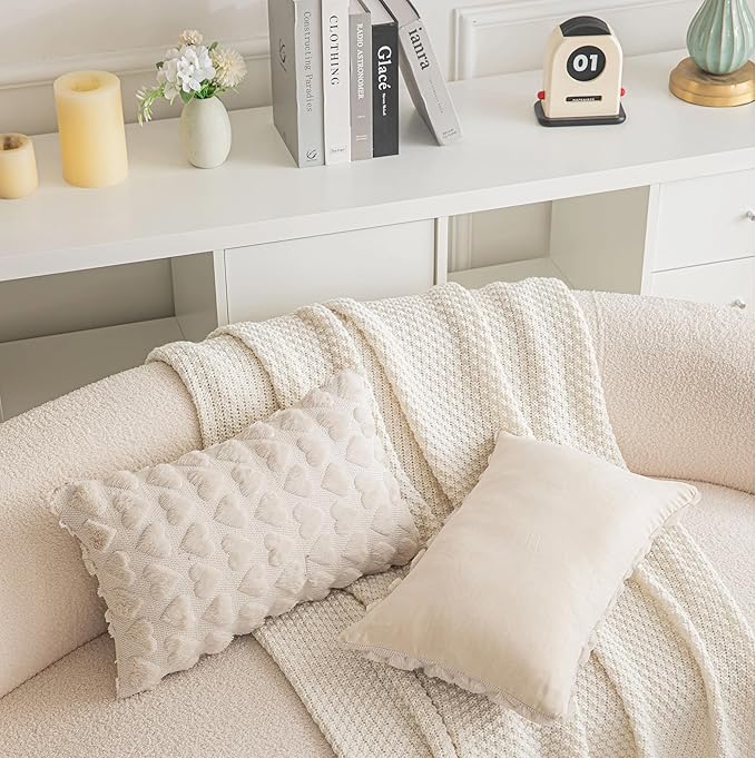 AQOTHES Set of 2 Heart Love Cute Beige Decorative Valentines Throw Pillow Covers 12x20, Soft Plush Faux Fur Pillow Covers for Couch Sofa Home Valentines Day Decoration