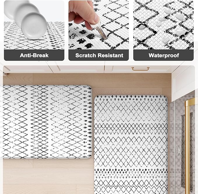 KIMODE Anti Fatigue Kitchen Mat for Floor, 20"x59"+20"x32" Kitchen Rugs Set of 2, Non Slip Kitchen Floor Mats Cushioned, Comfort Mats for Kitchen Floor Sink Laundry Office Desk Black and White