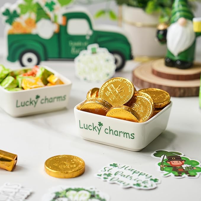 St Patrick's Day Candy Dish Set of 2, Ceramic Irish Shamrock Bowl with Clover, White Decorative Trinket Trays for Jewelry, Keys, Coins, Festive Party & Home Decor