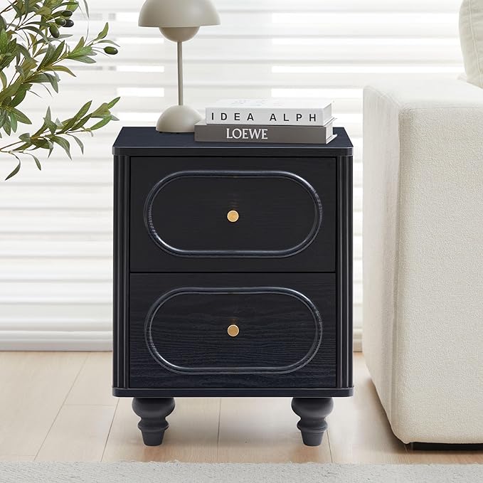 2 Drawer Fluted Nightstand, Mid Century Modern Farmhouse Night Stand Small End Table Bedside Table for Bedroom, Living Room, Black