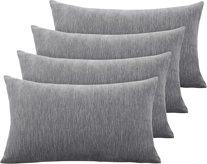 Set of 4 Grey Throw Pillow Covers 12x20 Inch, Neutral Boho Farmhouse Aesthetic Decorative Pillow Cases for Couch, Sofa, Living Room & Bed, Soft Chenille Pillow Cases, Stylish Home Decor, 30x50 cm