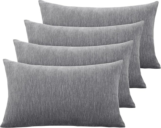 Set of 4 Grey Throw Pillow Covers 12x20 Inch, Neutral Boho Farmhouse Aesthetic Decorative Pillow Cases for Couch, Sofa, Living Room & Bed, Soft Chenille Pillow Cases, Stylish Home Decor, 30x50 cm