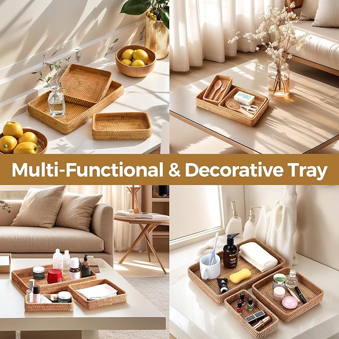 Rattan Serving Tray, Including 3 Sizes of Woven Wicker Rectangle Trays & Shallow Basket Trays. Decorative Rattan Baskets with Organizing Function, Daily Serving Needs