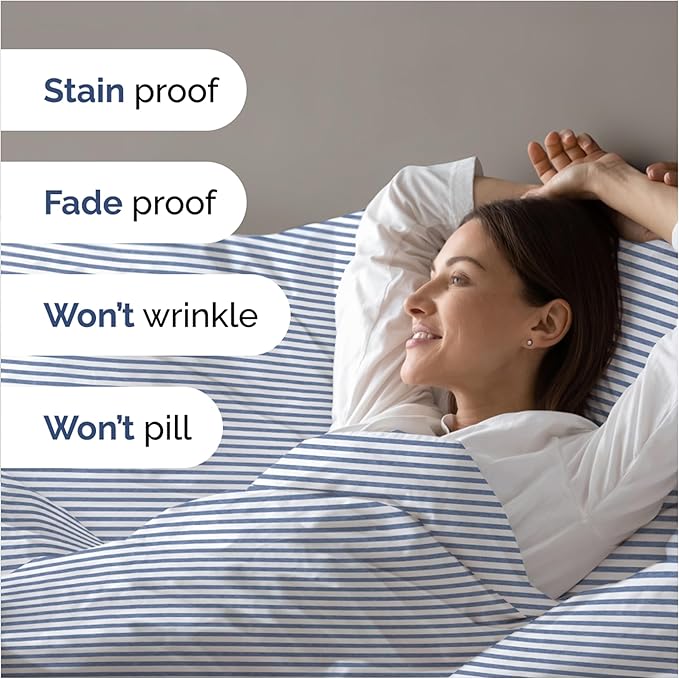 Duvet Cover Queen Size Set - Extra Soft Queen Size Duvet Cover 90 x 90 with 2 Pillow Shams - Hotel Luxury Easy Care & Fade Free w/Zipper Closures & Ties - Comfy Breathable Bedding Set (Blue Stripes)
