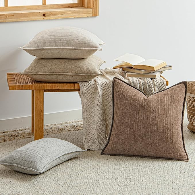 a moment Linen Pillow Covers Set of 2,Boho Farmhouse Throw Pillowcases Neutral Textured Decorative Covers for Couch Sofa,Soft Linen Blend Accent Case Cushion Living Room Home Decor 26"x26"Hazel