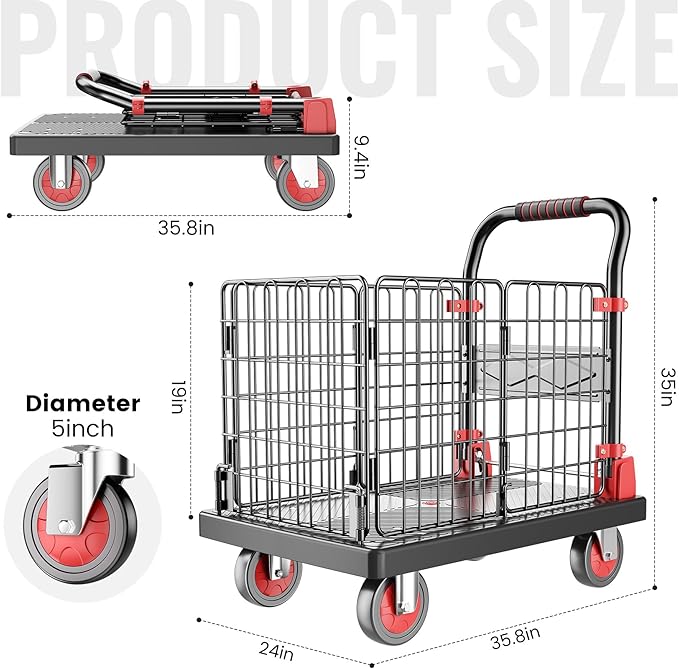 Upgraded Fence Foldable Push Cart Dolly,Fence Platform Cart with cage,Moving Platform Hand Truck,880Lbs Heavy Duty Space Saving Collapsible cart with 5" 360 Degree Swivel Silent Wheels.