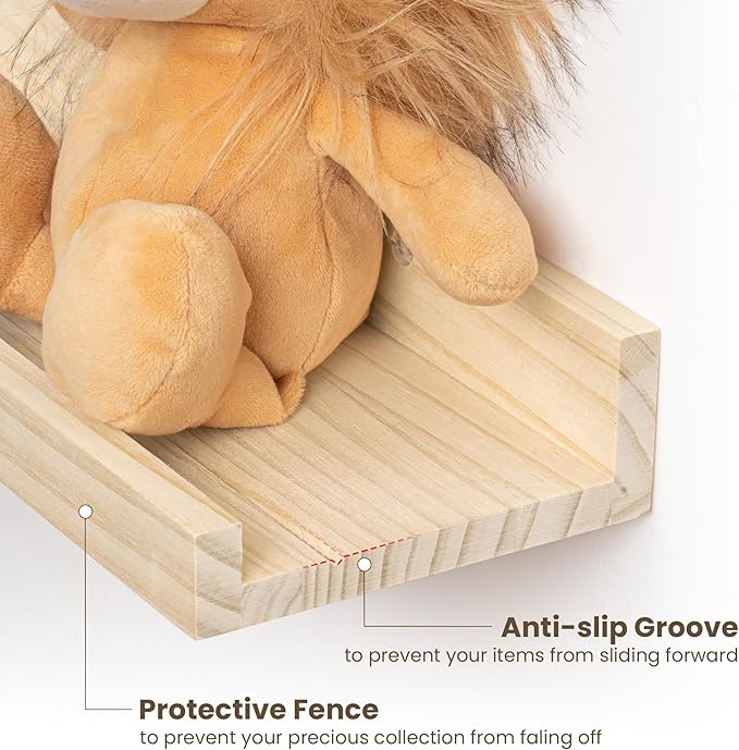 Fun Memories Picture Ledge Shelf, Pine Wood Floating Shelves Set of 2, 36 inch Nursery Book Shelves, Photo Ledge Book Shelves Wall Mounted for Living Room Kids' Room Bedroom - Natural