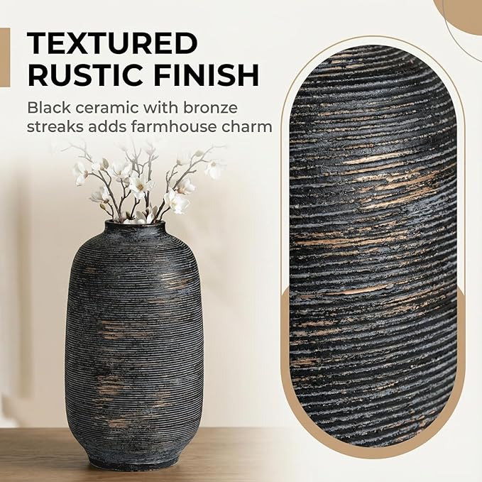 Black Ceramic Vase, Large Textured Rustic Farmhouse Decorative Vase for Centerpieces, 10.8" Black Bronze Flower Vase for Home Decor
