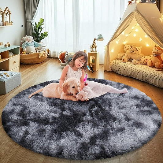 Tie-Dyed Black Fluffy Round Rug,Soft Area Rugs for Girls Room,Shaggy Rugs 5'X5' for Living Room,Non Slip Circle Rug for Kids Bedroom,Shag Plush Nursery Rug,Plush Carpet for Dorm,Cute Furry Room Decor