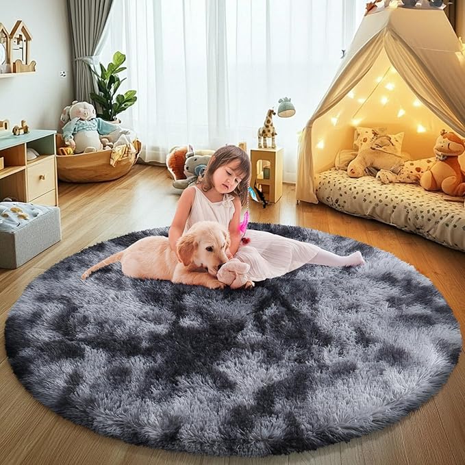 Tie-Dyed Black Fluffy Round Rug,Soft Area Rugs for Girls Room,Shaggy Rugs 6'X6' for Living Room,Non Slip Circle Rug for Kids Bedroom,Shag Plush Nursery Rug,Plush Carpet for Dorm,Cute Furry Room Decor