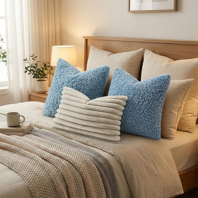 decorUhome Pack of 2 Throw Pillow Covers 24x24 Inch, Faux Fur Decorative Sherpa Pillow Covers Fuzzy Accent Soft Sheepskin Fleece Pillow Cases for Couch Living Room Bed, Light Blue