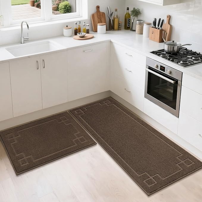 BEQHAUSE Kitchen Rugs Non-Slip Washable Rug Sets of 2, Machine Washable Kitchen Mats Absorbent Soft Kitchen Runner Rugs for Floor, Sink, Hallway, Laundry, 24"x36"+24"x60", Brown