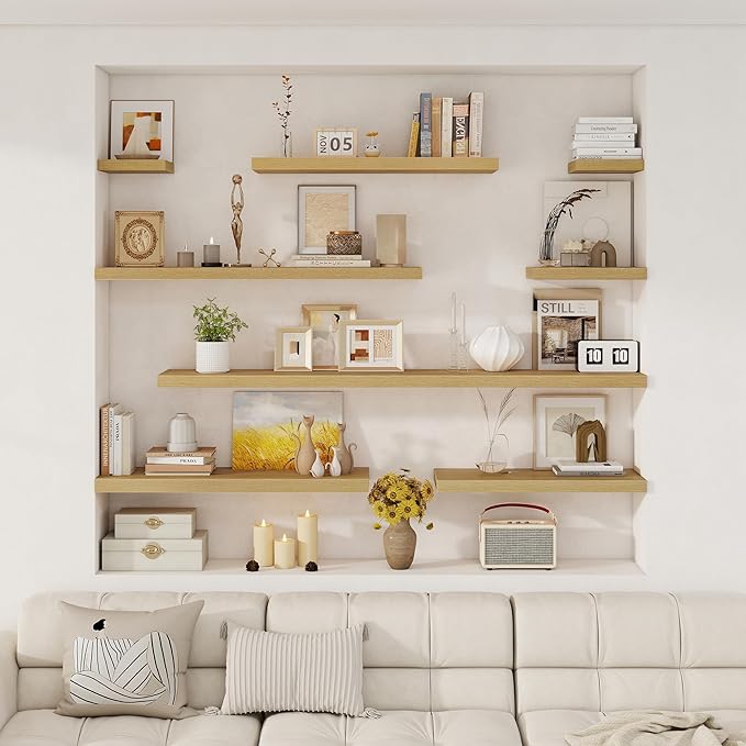 Fun Memories 24 x 12 Inch Deep Floating Shelves, 12 Inch Deep Rustic Wooden Book Shelf, Extra Deeper & Thicker Hanging Shelves for Living Room, Bathroom, Bedroom, Kitchen, Office, Set of 3 (Oak)