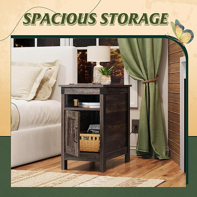 WLIVE End Table with Charging Station, Narrow Side Table for Living Room, Farmhouse Night Stand with Storage, Small Wooden Cabinet with USB Ports and Outlets for Living Room and Bedroom, Brown