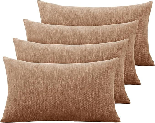Set of 4 Brown Throw Pillow Covers 12x20 Inch, Neutral Boho Farmhouse Aesthetic Decorative Pillow Cases for Couch, Sofa, Living Room & Bed, Soft Chenille Pillow Cases, Stylish Home Decor, 30x50 cm
