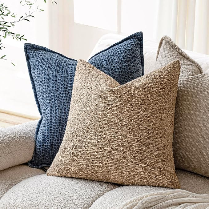 Foindtower Decorative Textured Boucle Throw Pillow Covers Accent Solid Pillow Cases Neutral Soft Cozy Couch Cushion Case for Chair Sofa Bedroom Living Room Home Decor 24 x 24 Inch,Taupe Khaki Camel