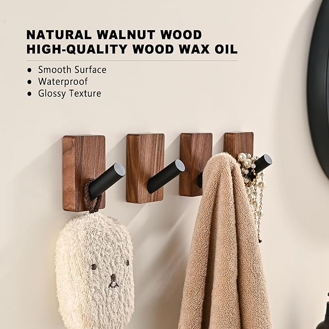 6 Pack Wooden Wall Hooks for Hanging, Adhesive Mounted & Wall Mounted Boho Decorative Walnut Wood Coat Hooks for Towel Clothes Blanket Hat Backpack Robe Nursery Door Board Entryway Key Holder