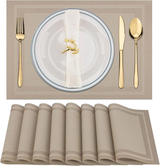 Winknowl Placemats Set of 8，Heat Resistant Woven Vinyl Washable PVC Place Mats，Non-Slip Stain Resistant Indoor/Outdoor Table Mats for Dining Table (Gold)