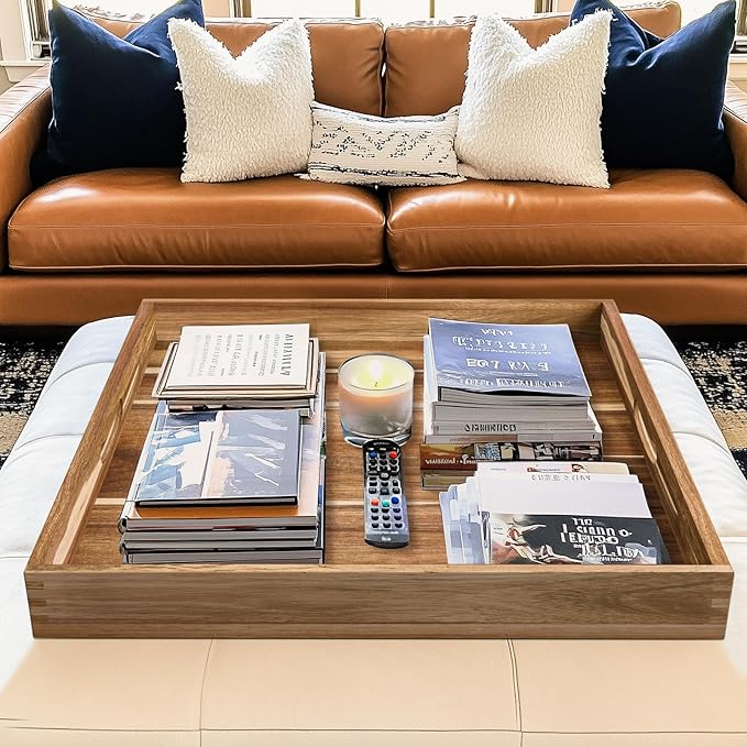 MAONAME Extra Large Square Ottoman Tray, 24" Acacia Wood Serving Tray for with Handles, Farmhouse Wooden Decorative Trays, Coffee Table Trays for Living Room, Countertop, Charcuterie