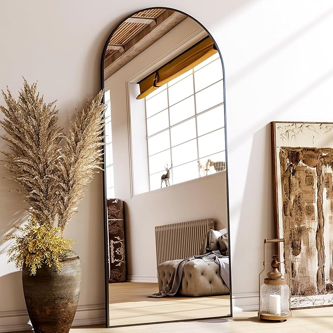 24x68 Arched Full Length Mirror Floor Mirrors with Aluminum Alloy Frame Free-Standing Wall Mounted Floor Mirrors or Large Dressing Mirror, Black Mirror Full Length