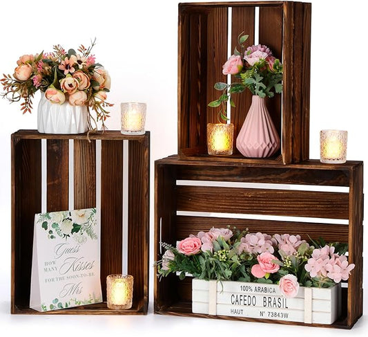 Soaoo 3 Pcs Decorative Nesting Wooden Crates for Storage Display, 3 Sizes Rustic Wood Decorative Storage Crates with Handle Farmhouse Crate Box Container(Vintage Rustic Brown)