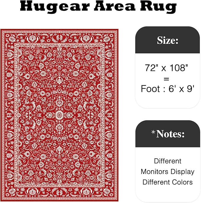 HUGEAR Christmas 6x9 Machine Washable Rugs Red Hallway Large Area Rug Indoor Accent Rug Floral Low Pile Carpet Soft Throw Aesthetic Rug Bedroom Living Room Office Dining Room Kitchen Laundry Room