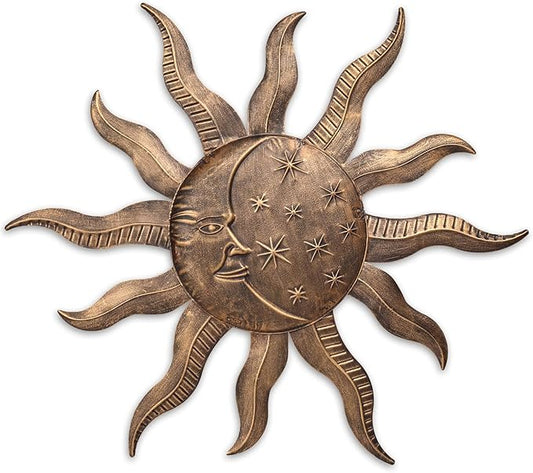 VCUTEKA 27" Sun Metal Wall Art Outdoor Decor Moon Wall Decoration Metal Wall Sculpture Hanging Garden Wall Art Wall Sculpture for Indoor Outdoor Patio Fence Decor Gold