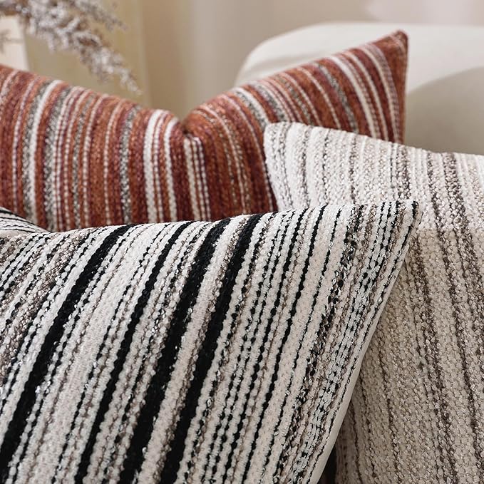QDTTSRY Chenille Throw Decorative Pillow Covers 20x12 Set of 2, Textured Striped Boho Couch Pillow Covers, Cozy Neutral Farmhouse Cushion Cover for Couch Sofa Bedroom Living Room, Colorful Coffee