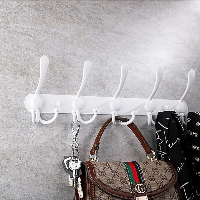 Coat Rack Wall Mounted,5 Tri Stainless Steel Coat Hook for Coat Hat Robes Towel in Mudroom Entryway (White, 1 Pack 5 Hook)