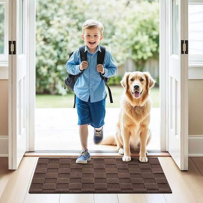 GRANNY SAYS Front Door Mat Outside Entrance, Door Mats for Entryway, Welcome Matt Non-Slip, Large Front Porch Mat Low Profile Resist Dirt, 48"x32", Dark Brown Check