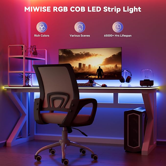 MIWISE RGB COB LED Strip Light 32.8ft/10m,Color Changing Dimmable Strip Light DC24V,Multicolor Flexible Tape Light 10mm Width,for TV,Bedroom,Party DIY Decoration(Power Supply&Controller NOT Included)