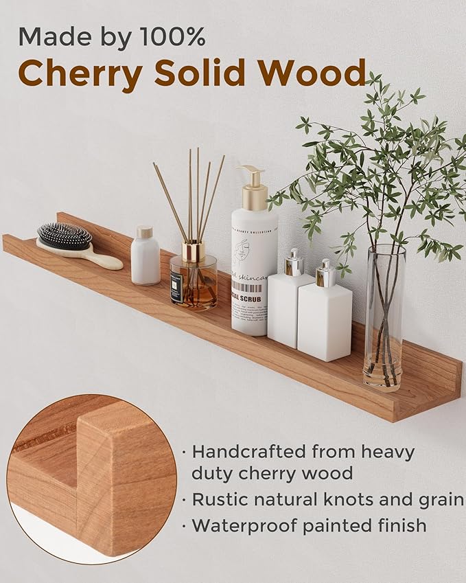 Axeman Cherry Picture Ledge Shelf, 36 Inch Floating Shelves Set of 2, Solid Wood Wall Shelves with Lip, Wall Decor Storage for Bedroom Living Room Bathroom Kitchen Nursery Photo, Natural Cherry