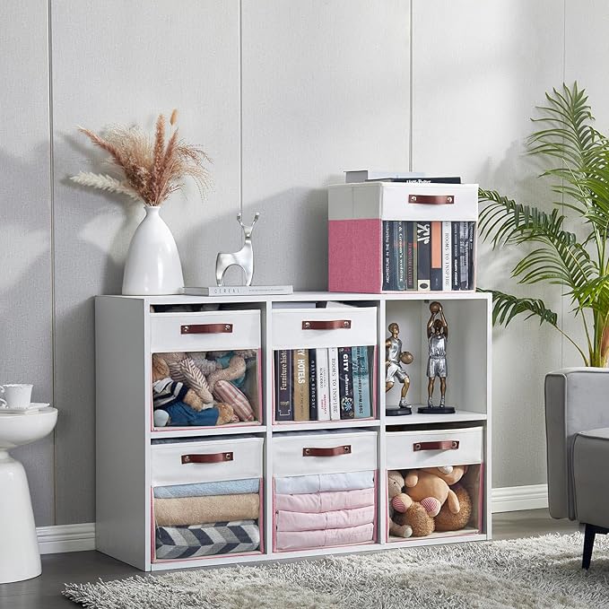 Storage Cubes, 4 Pack Linen Foldable Storage Bins (13 x 13 inch) with Clear Window and Handles, Fabric Organizer for Shelf Closet, Clothes, Books - (Pink and White)