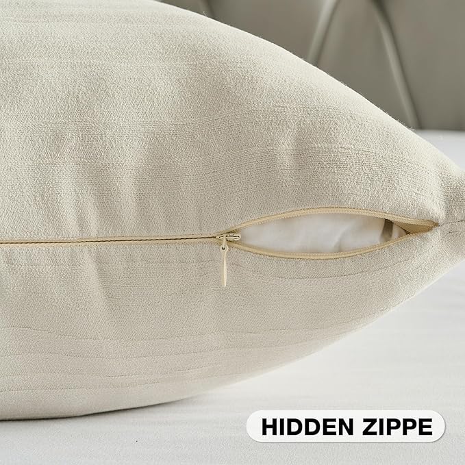 FUTEI Cream Chenille Decorative Throw Pillow Covers 20x20 Inch Set of 2,Soft Crushed Striped Texture Cushion Case,Modern Home Decor for Couch Bed Living Room